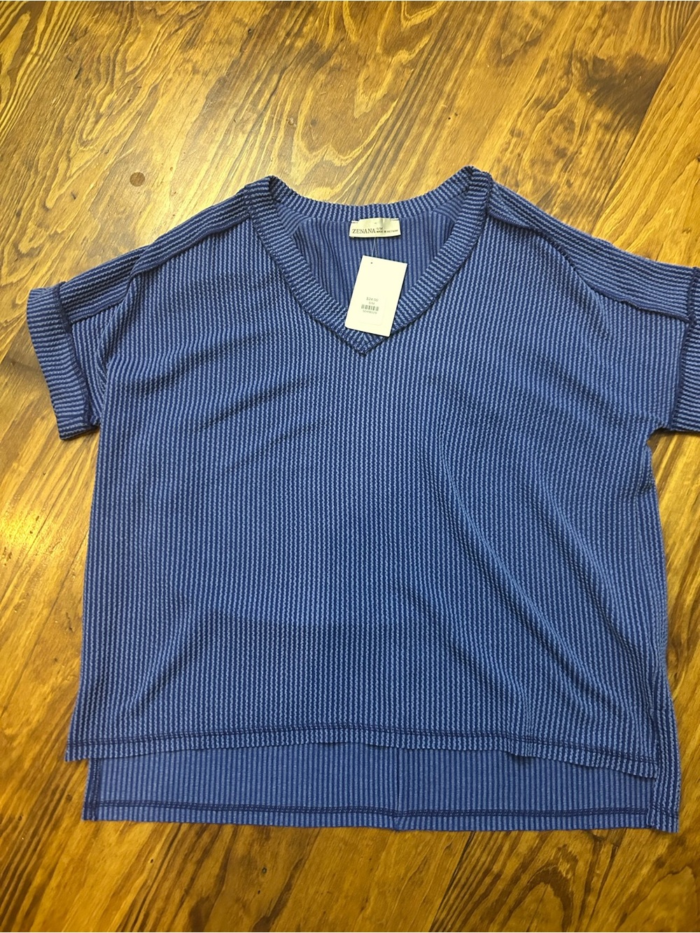 Zenana Outfitters Navy Ribbed V-Neck Short Sleeve Top